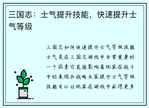 三国志：士气提升技能，快速提升士气等级